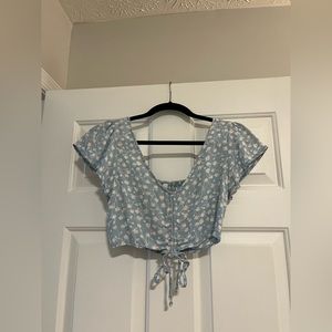 Garage Blue Cinched Crop Top with Pink and White Flowers Size S
